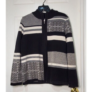 Christopher & Banks Women’s Zip-Up Sweater Jacket Black White Striped Size L